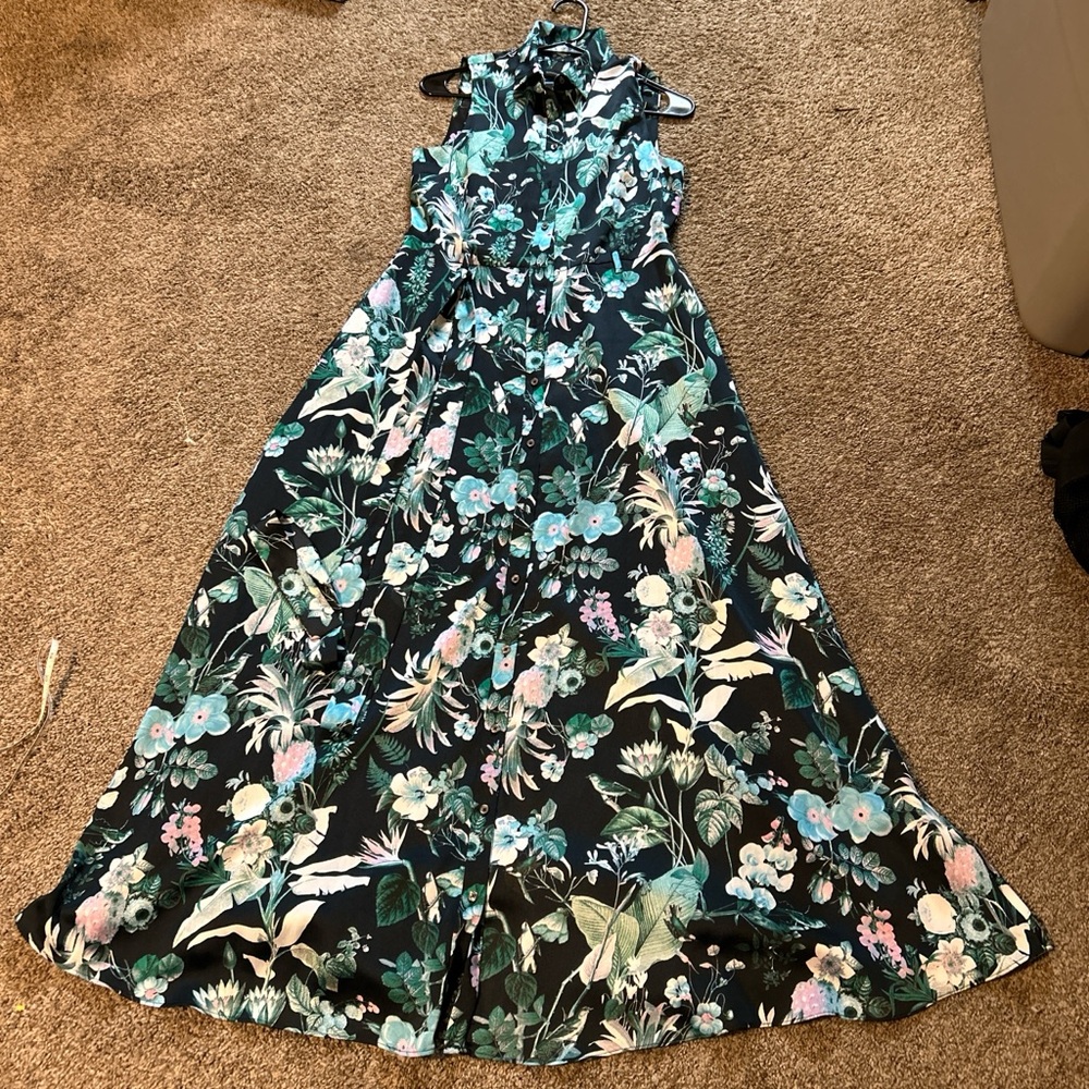 Banana Republic Black Floral Maxi Dress with Teal and Pink Accents